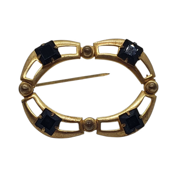 Vintage 10k Gold Plate Brooch Pin Art Deco Oval Openwork Black Rhinestone - Picture 1 of 16